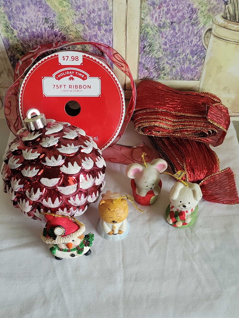Vintage Holiday Decor Bundle Christmas Ribbon Ornaments Little Chimers Porcelain